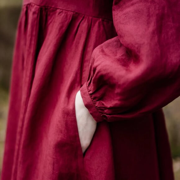 Son de Flor M Baltic Linen Midi Dress Marsala Red Long Sleeve Pockets - Picture 4 of 8